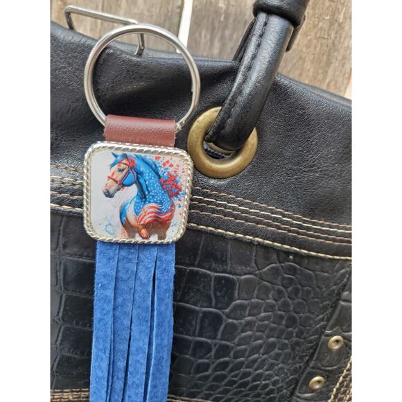 Handmade horse flag boho Leather Fringe Western bag charm, Long fringe keychain - Picture 2 of 5